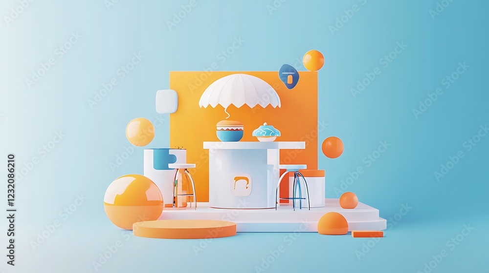Aufkleber minimalist 3d render of a whimsical dessert stand with floating elements