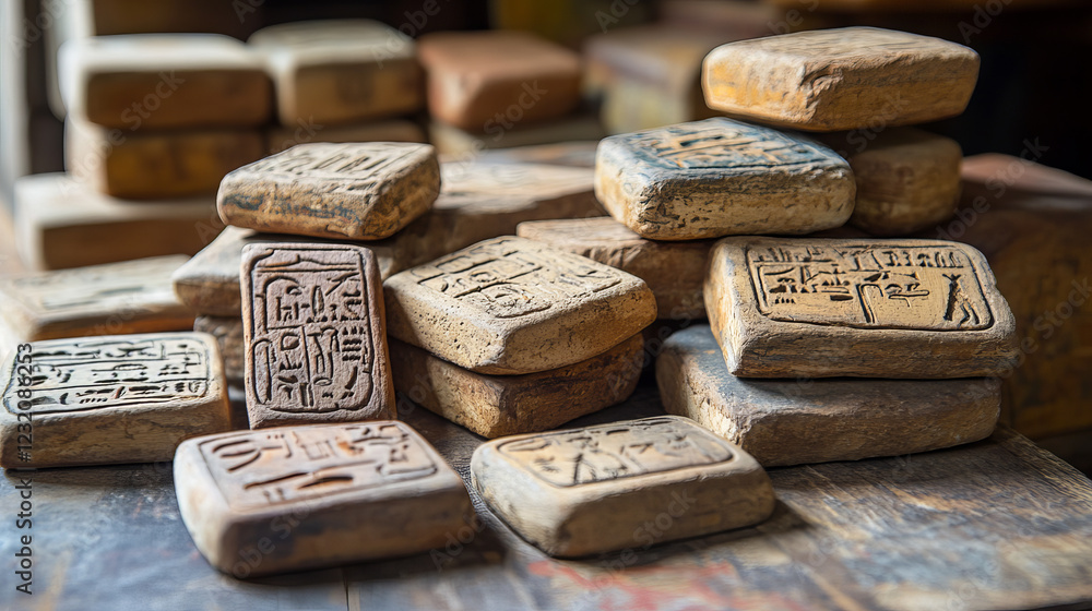 Aufkleber stone board or clay tablet and egyptian hieroglyphs cartoons vector illustration ancient object for 