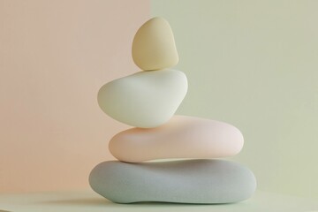 A minimalist arrangement of pastel stones symbolizing balance and harmony, featuring soft colors and smooth textures, perfect for wellness and tranquility themes