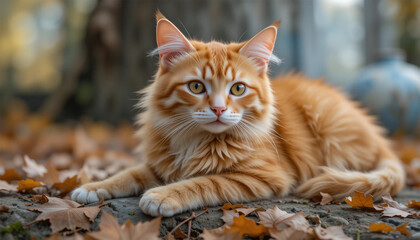 portrait of a cat, Ginger Cat Relaxing on Autumn Leaves