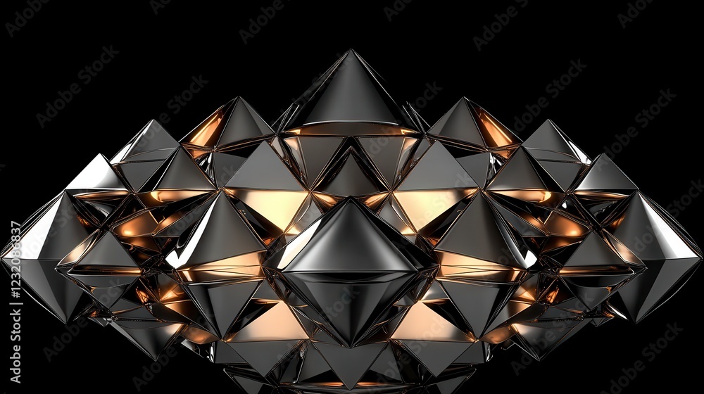 Poster abstract 3d rendering of a cluster of metallic, pyramid shaped forms with warm inner glow against a 