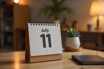 A calendar page flipping to July 11, set in a cozy desk scene.