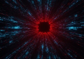 Obraz premium Dark, futuristic cityscape with towering data structures. Glowing blue and red code. Mysterious, tech, ominous