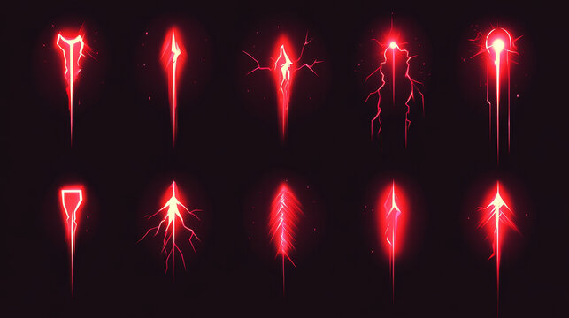 Cartoon set of red lightning strike effect isolated on black background. Vector illustration of magic power blast, laser weapon shot, electric discharge, energy flash, alien attack design element