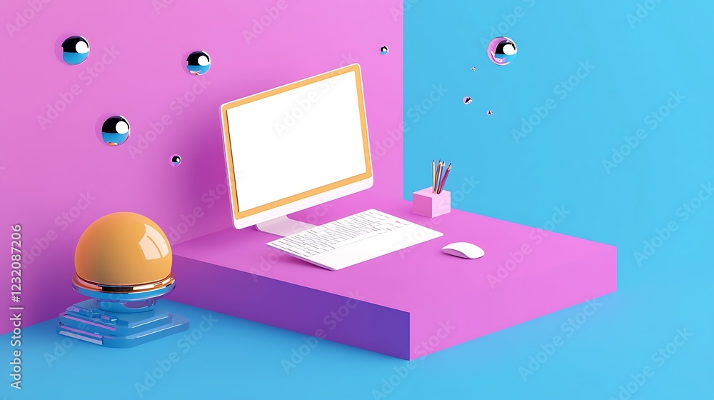 Poster minimalist 3d render of a pastel workspace with computer and floating spheres