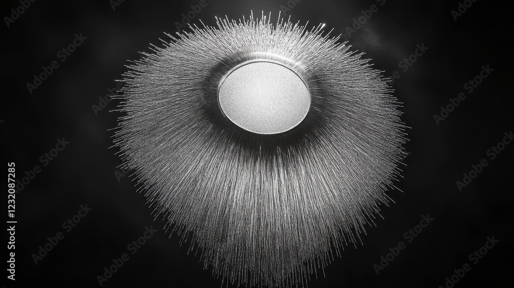 Poster abstract monochrome image depicting a sphere surrounded by radiating particles, creating a dynamic, 