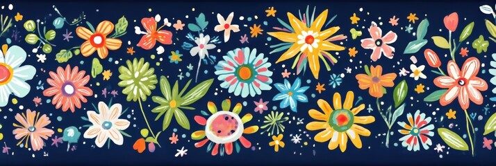 Obraz premium Whimsical Floral Pattern on Navy Blue Background, Vibrant and Cheerful Design Element