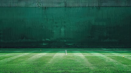 Fototapeta premium Freshly Painted Green Tennis Court With a Bouncing Ball and Dividing Line Captures the Energy of the Game