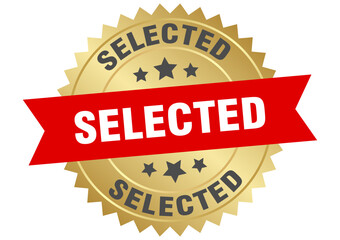 selected. selected round red and gold label isolated on transparent background