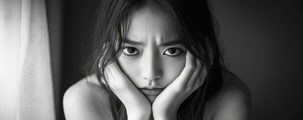 Depression in teenage concept, Young women covering her face feeling anxious and unhappy lock themselves at home sad emotional alone, and have mental