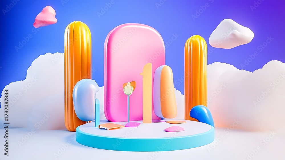 Poster abstract 3d render of colorful organic shapes on a circular platform