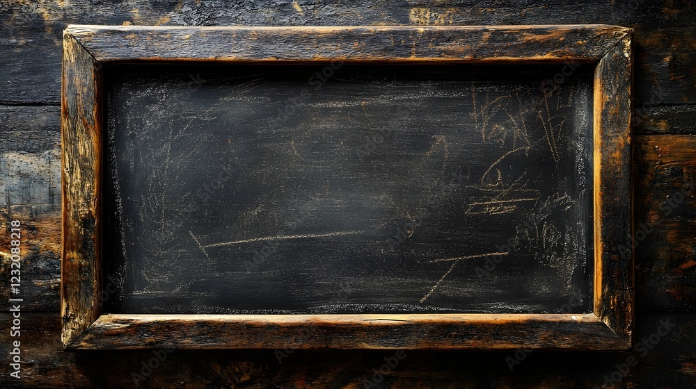 Poster vintage grunge chalkboard with distressed wooden frame on rustic textured background blank copy spac