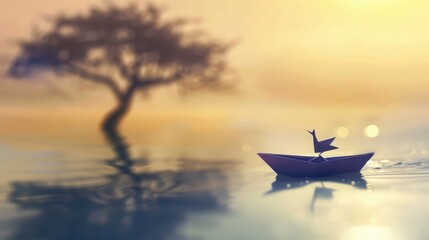 Fototapeta na wymiar Purple Paper Boat With Whimsical Bird Drawing Sailing in a Calm Lake Under a Single Tree at Sunset