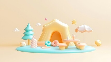 Whimsical 3D Render of a Pastel Picnic Scene with a Cartoon Cave