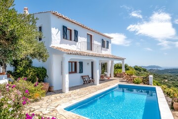 A Stunning White Villa With A Pool Overlooks A Breathtaking Sea View. The Sunny Day And Vibrant Colors Create A Tranquil And Luxurious Atmosphere.