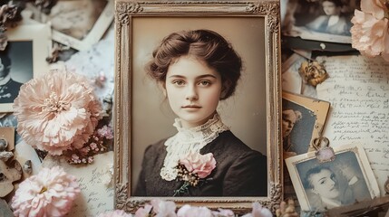 Vintage portrait of an elegant woman with a floral bouquet displayed in an ornate antique style frame  The image has a nostalgic refined mood