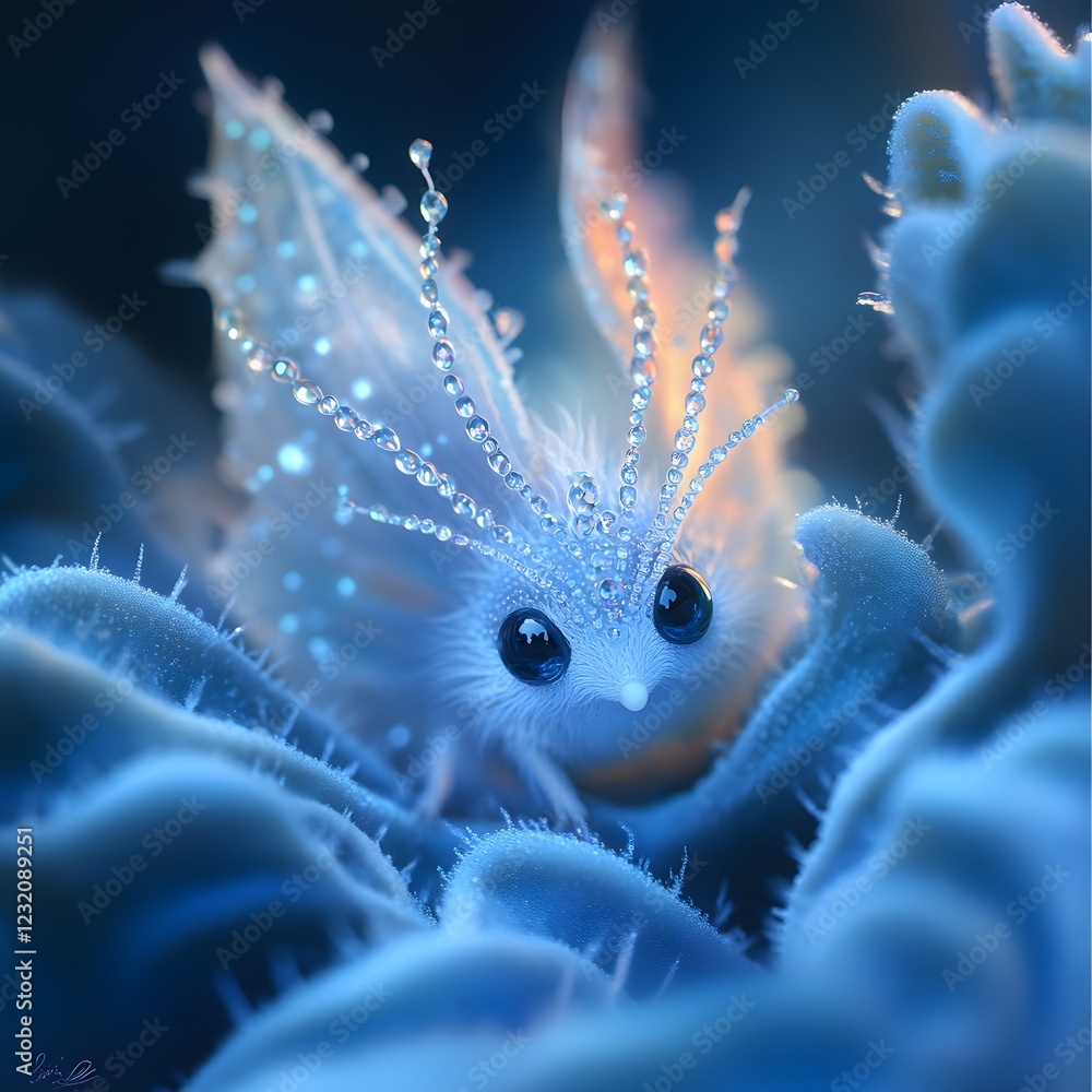Poster breathtaking macro image of a larval stage fairy with delicate features emerging from a stunning blu