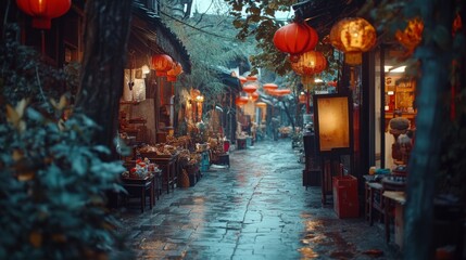 A tranquil alleyway adorned with glowing lanterns. The cobblestone path invites exploration through the charming market stalls. Enjoy the serene atmosphere. Generative AI