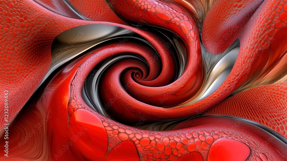 Poster abstract swirling red and metallic textures create a dynamic, hypnotic composition. intricate patter