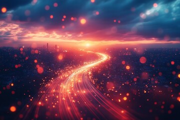 A dynamic highway at dusk filled with fast-moving cars, creating streaks of light in the fading evening glow. generative ai