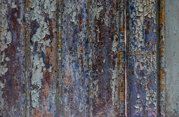 Peeling of old paint from a painted metal fence as an abstract background.