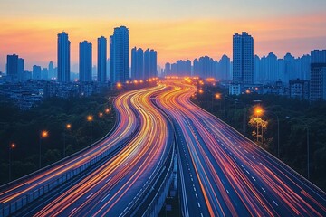 A high-speed highway scene at dusk, showcasing motion blur from fast-moving traffic under glowing streetlights. generative ai