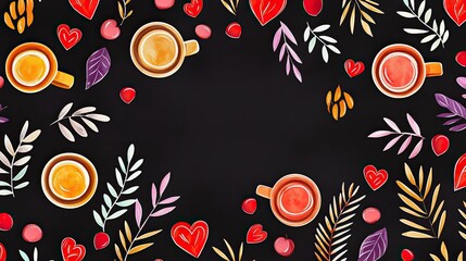 Colorful Composition of Coffee Cups and Botanical Elements on Black