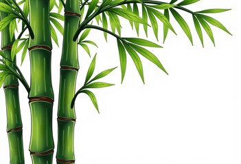 Cartoon Bamboo with Leaves: Flat Illustration, Green, White Background, Simple Design, High-Resolution Photo, Sharp Focus, Clear Colors, Professional Quality, Detailed Art, Vector Design.
