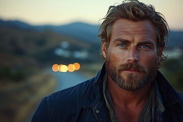 A lone man standing on a highway at dusk, gazing into the distance as cars rush past. generative ai