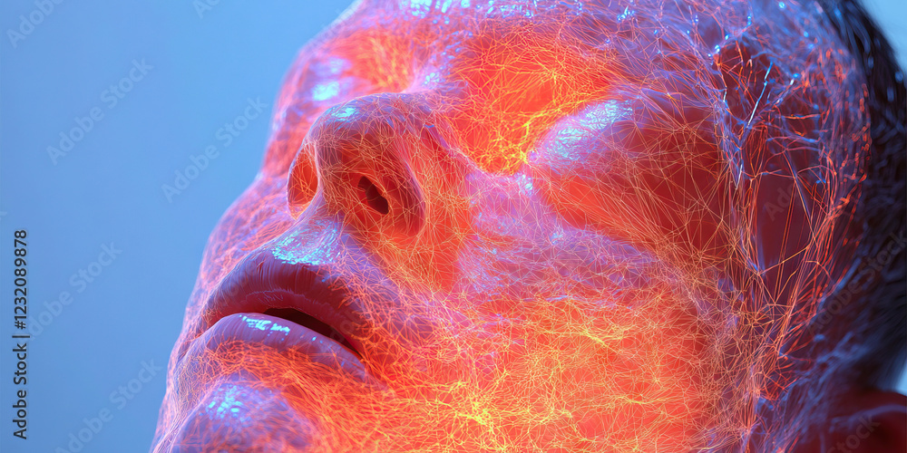 Poster digital rendering of human face with network overlay