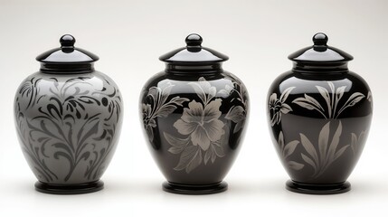 Three glossy black memorial urns with intricate floral patterns, each with a unique design, placed on a wooden surface. for memorial services, funeral homes, looking to honor loved ones.

