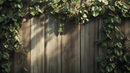 Fototapeta premium Sunlit wooden fence, ivy vines, garden background