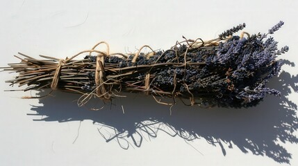 Bunch of Lavender Tied With Twine Hanging Upside Down Against a White Wall Casting Delicate Shadows