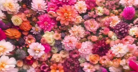 vibrant flower wall hyper-realistic pink orange dahlias peonies roses floral display