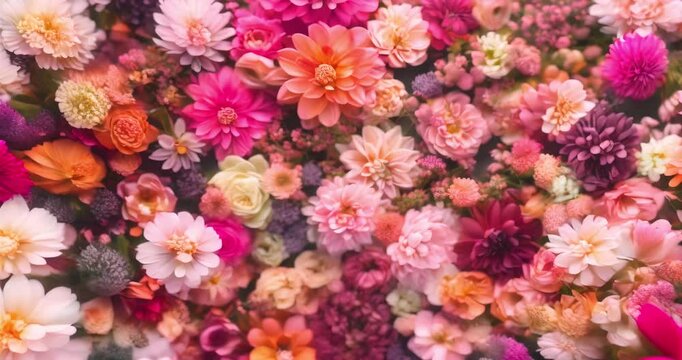 vibrant flower wall hyper-realistic pink orange dahlias peonies roses floral display