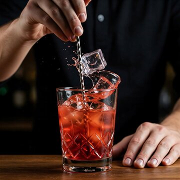 Hand  stirring a cocktail with a bar spoon, showcasing the swirling motion and the ice, making, process, holiday drinks, party drinks, bar drinks 
, healthy drink, breakfast drink, holiday drinks, tas