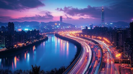 A vibrant nighttime highway scene with glowing streetlights and motion trails from speeding cars. generative ai