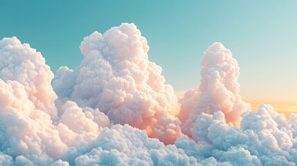 Aerial view of fluffy cumulus clouds illuminated by warm sunset light. Soft pastel colors dominate the scene, creating a serene and peaceful