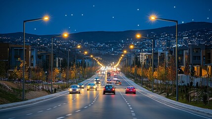 A busy highway at night glowing under bright streetlights, with light trails from fast-moving traffic. generative ai