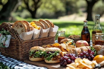 A beautifully arranged picnic basket filled with fresh fruits, pastries, and cheese, set on a sunny meadow. generative ai