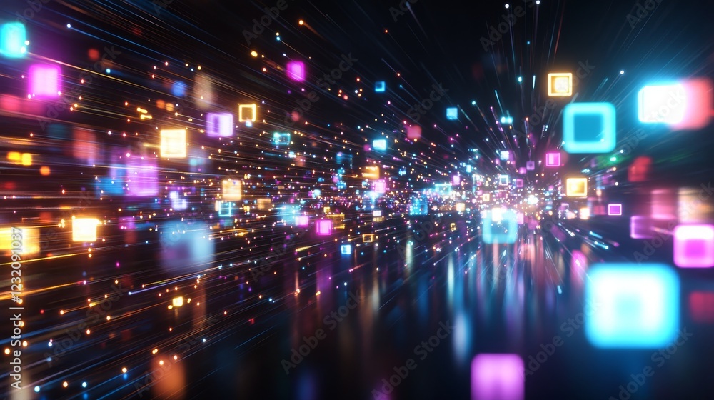 Poster vibrant abstract light trails depicting dynamic movement through glowing squares and colors