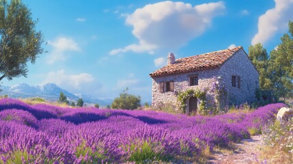 A charming stone cottage nestled in a vibrant lavender field. The picturesque landscape invites tranquility and peace. Nature and beauty blend seamlessly. Generative AI