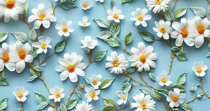 cute daisies leaves white blue background delicate floral pattern elegant design