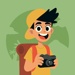 young man holding camera while traveling