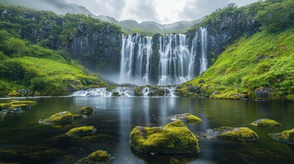 Fototapeta premium Majestic Waterfall Cascading Down Green Mountainside