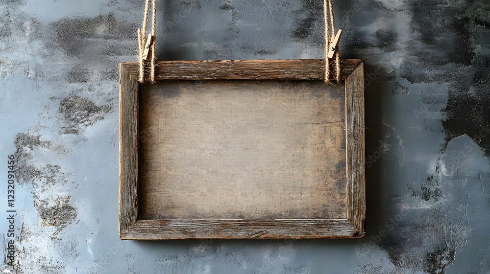 Poster vintage wooden frame hanging on grunge textured wall background with empty blank space for copy mess