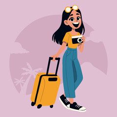 teen girl carrying suitcase and holding camera while traveling