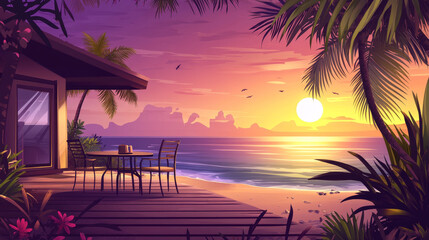 Summer tropical landscape with bungalow on ocean beach, table and chairs on terrace at sunset. Vector cartoon illustration of exotic resort vacation on sea shore with house and palm trees
