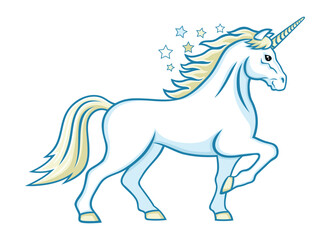 Cartoon unicorn and stars on white background.
