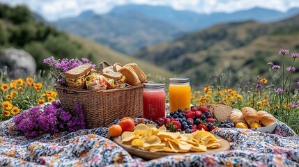 A charming picnic setup with wicker baskets brimming with fresh fruits, bread, and cheese under the warm sunlight. generative ai
